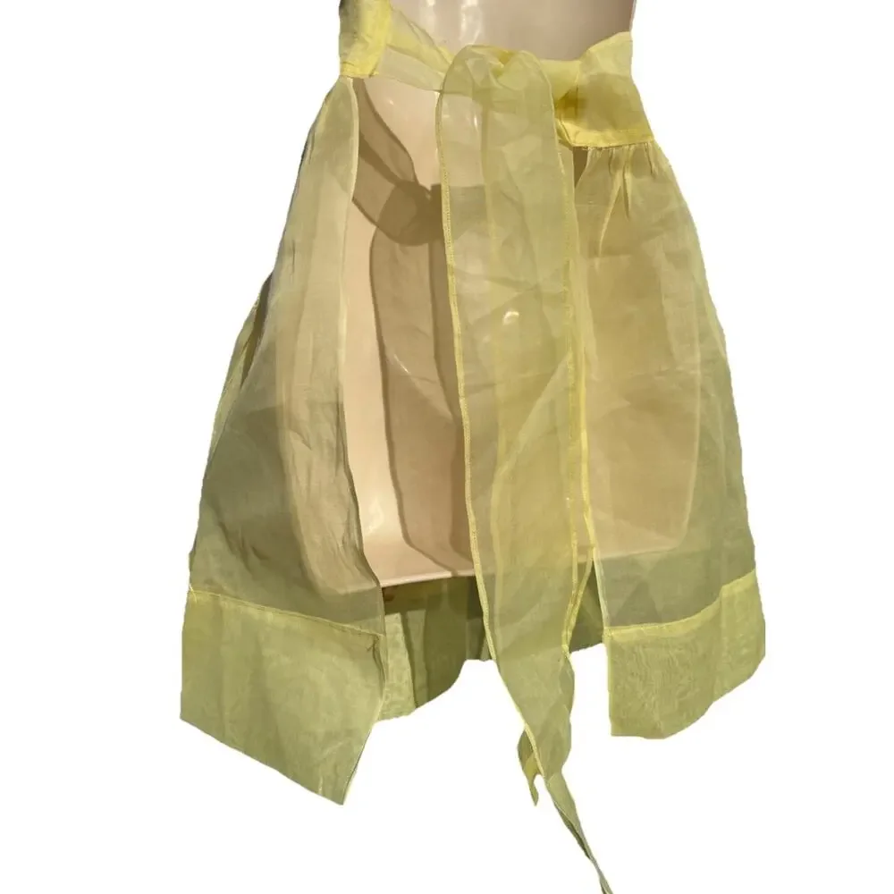 Vintage Floral Half Apron Pockets Sheer Yellow Lace Cottagecore Retro OS Patched
